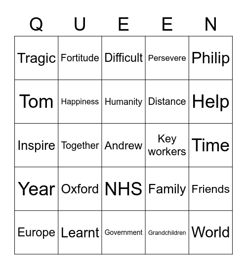 Queen speech bingo Card