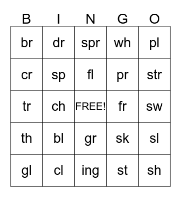 Blends and Diagraphs Bingo Card