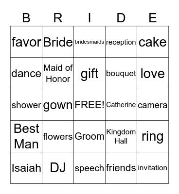 Catherine's Bridal Shower Bingo Card
