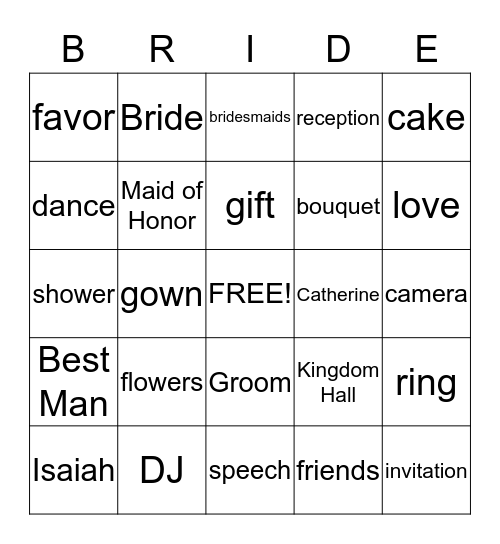 Catherine's Bridal Shower Bingo Card