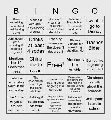 Mom Christmas Bingo Card