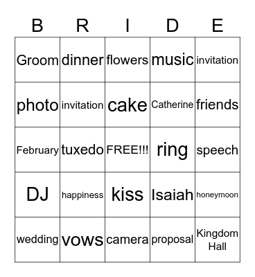 Catherine's Bridal Shower Bingo Card