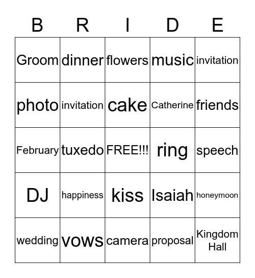 Catherine's Bridal Shower Bingo Card