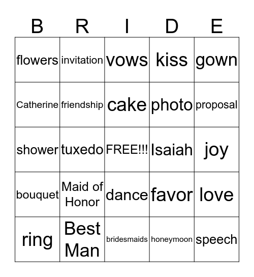 Catherine's Bridal Shower Bingo Card