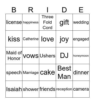 Catherine's Bridal Shower Bingo Card