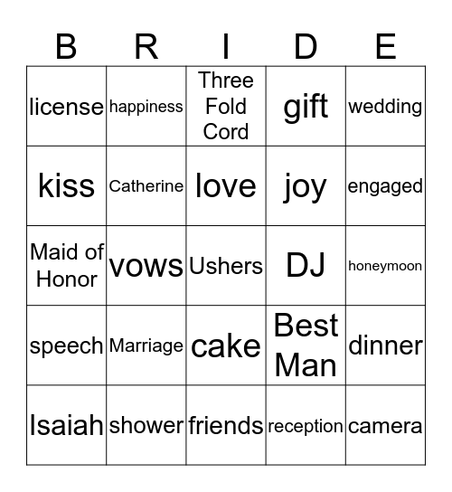 Catherine's Bridal Shower Bingo Card