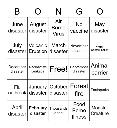 Disaster Bongo Bingo Card