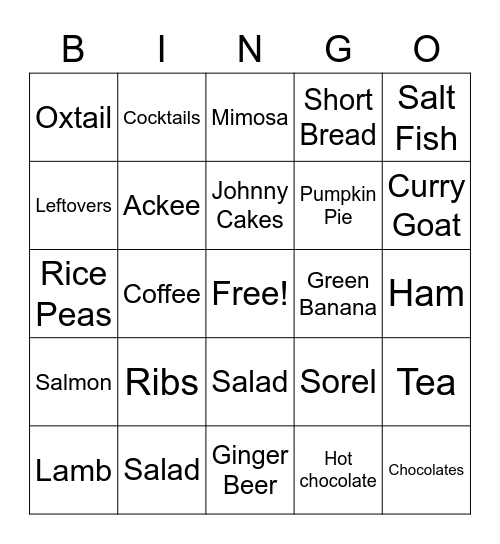 Christmas Menu Bingo Card