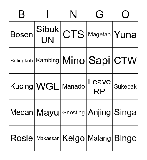 nonu Bingo Card