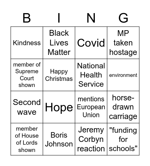 Queen's Speech Bingo Card