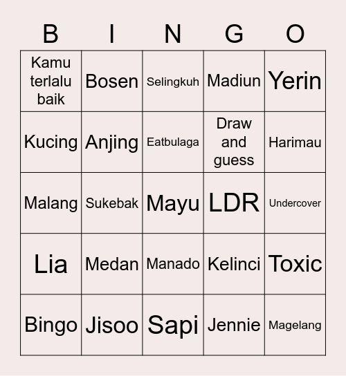 Jennie's Bingo Card