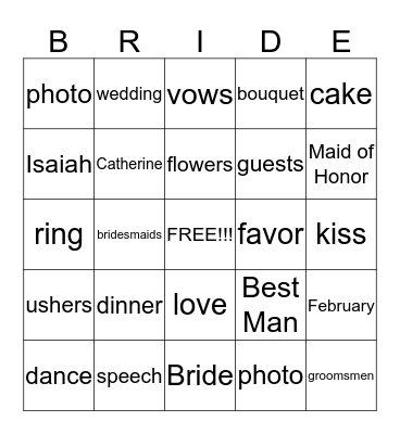 Catherine's Bridal Shower Bingo Card