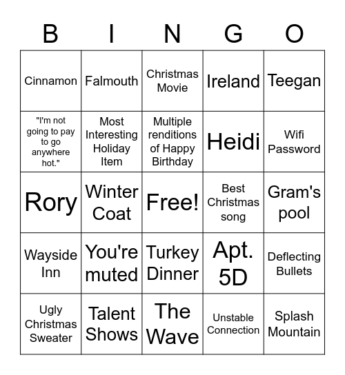 FAMILYHOLIDAY BINGO Card