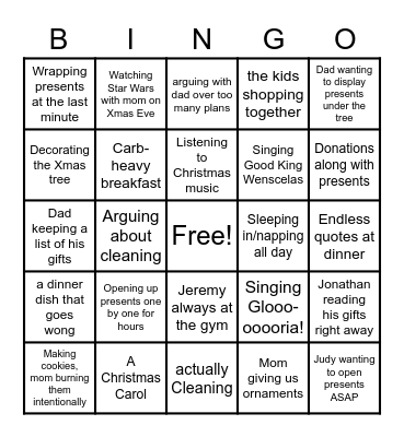 Estey Holiday Family Traditions Bingo Card
