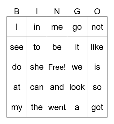 Sight Words Bingo Card