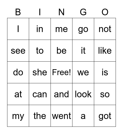 Sight Words Bingo Card
