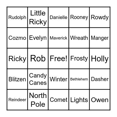 Dohn Family Holiday Bingo Card