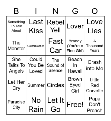 Diane's Playlist Bingo Card