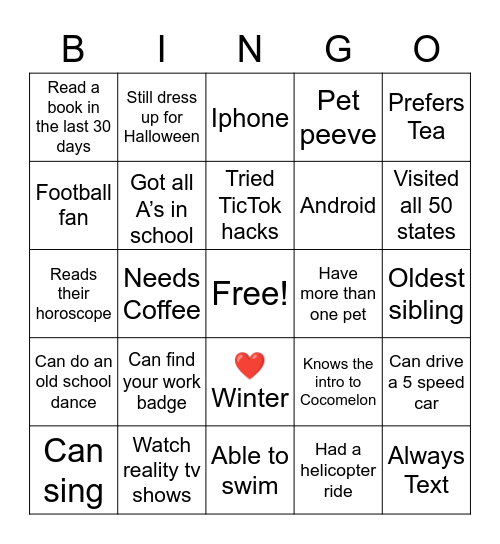 Get to know you Bingo Card