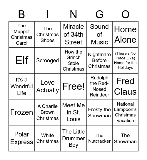 Christmas Movies Bingo Card