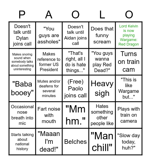 Paolo Bingo Card
