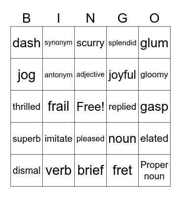 Vocabulary words Bingo Card