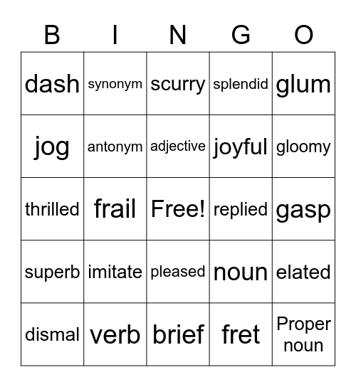 Vocabulary words Bingo Card