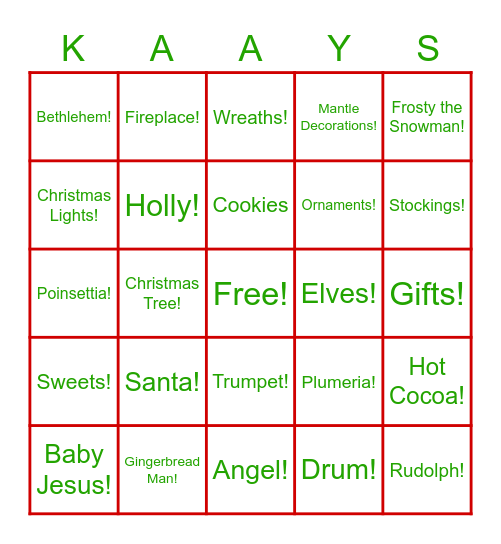 Kaay Family Bingo Card