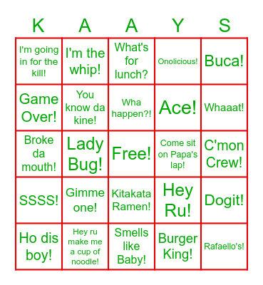 Kaay Family Bingo Card