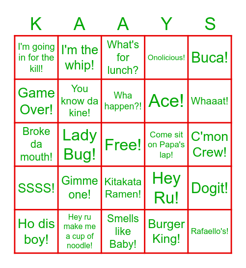 Kaay Family Bingo Card