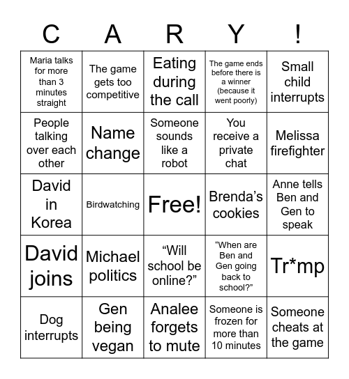 Cary Family Christmas Zoom 2020 Bingo Card