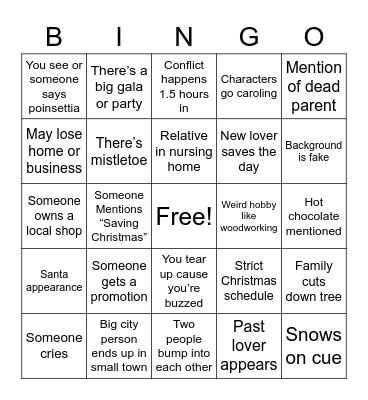 Lifetime Christmas Movie Bingo Card
