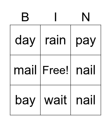 ai ay Phonics Bingo Card