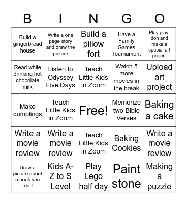 Joanna's Winter Break Activity Bingo Card