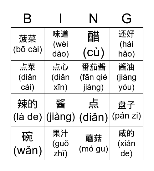 吃饭! Chī fàn! (Eat!) Bingo Card