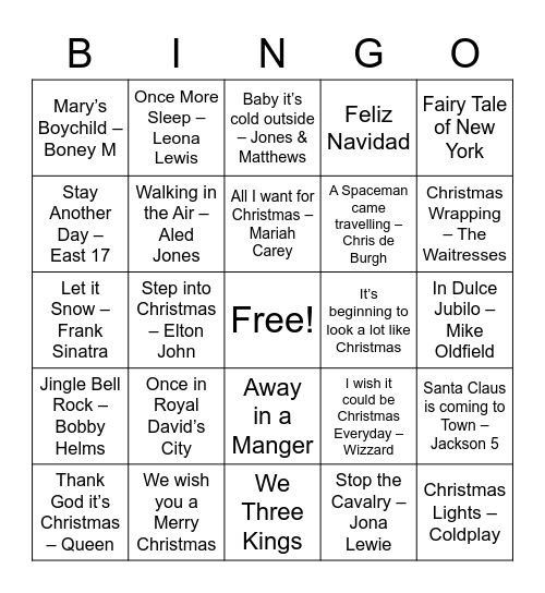 Christmas 2020 Rock n Roll Bingo Card