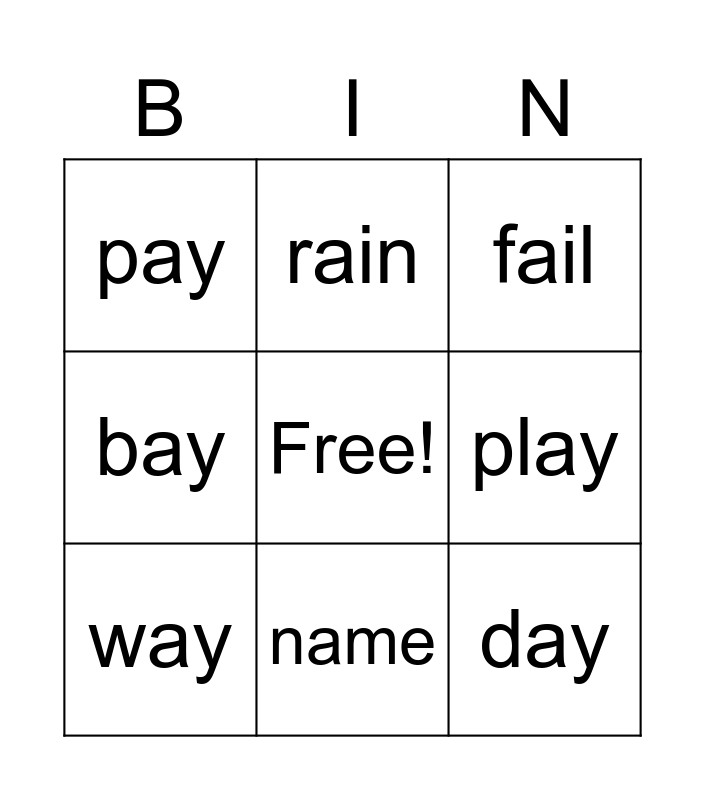 Ay Ai A E Spelling Words Bingo Card