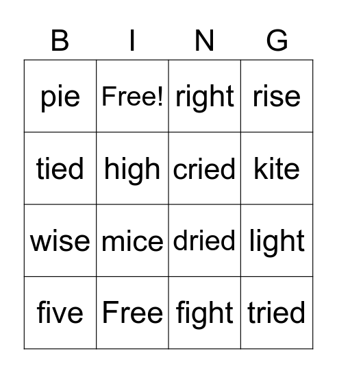 Spelling Long i Sound Bingo Card