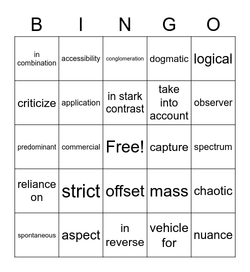 Unit 4 Vocabulary Bingo Card