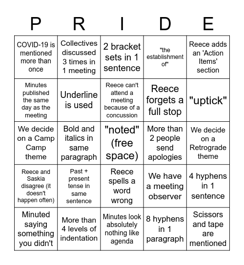 Reece vs The Minutes Bingo Card