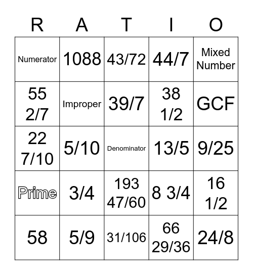 FRACTION BINGO Card