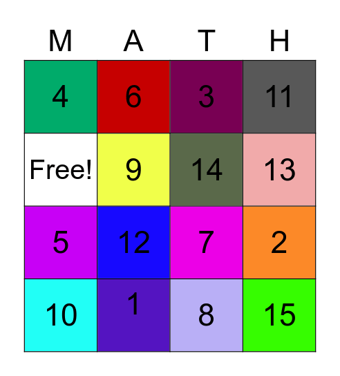Numbers & Colors Bingo Card