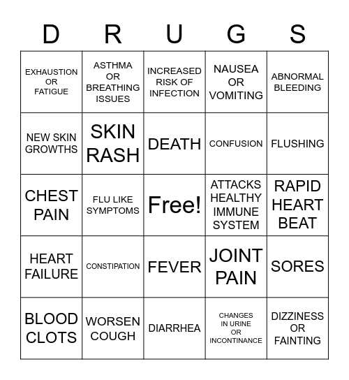 SIDE EFFECTS BINGO Card