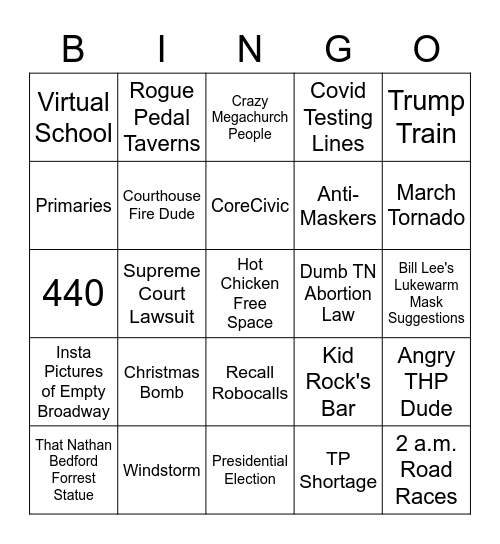 2020 Nashville Bingo Card