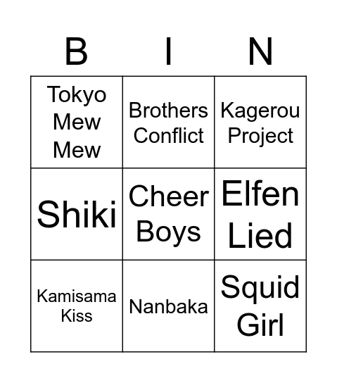 obscure anime bingo Card