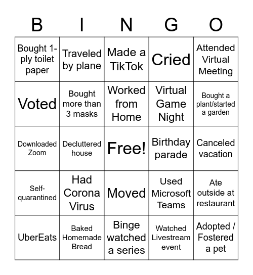 Goodbye 2020 Bingo Card