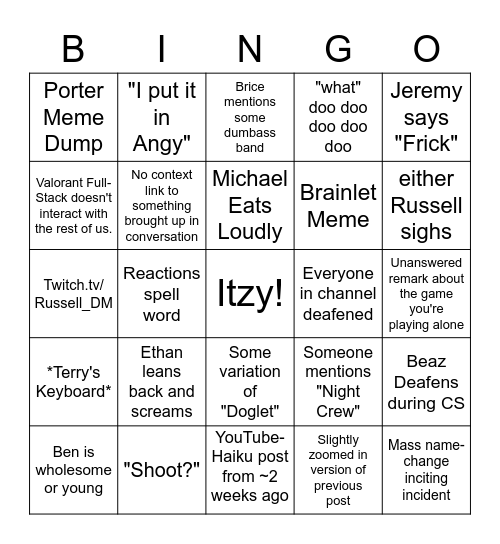 Beazcord  Bingo Card