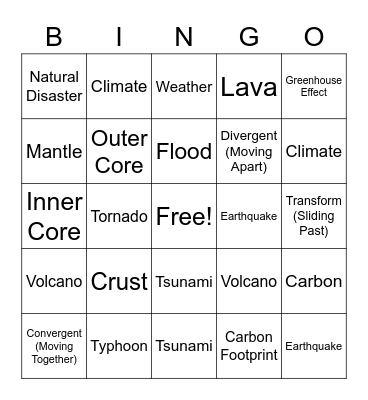 Natural Disaster Bingo Card