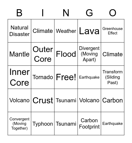 Natural Disaster Bingo Card
