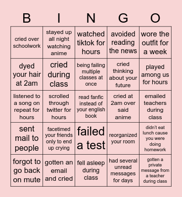 School Sucks Bingo Card